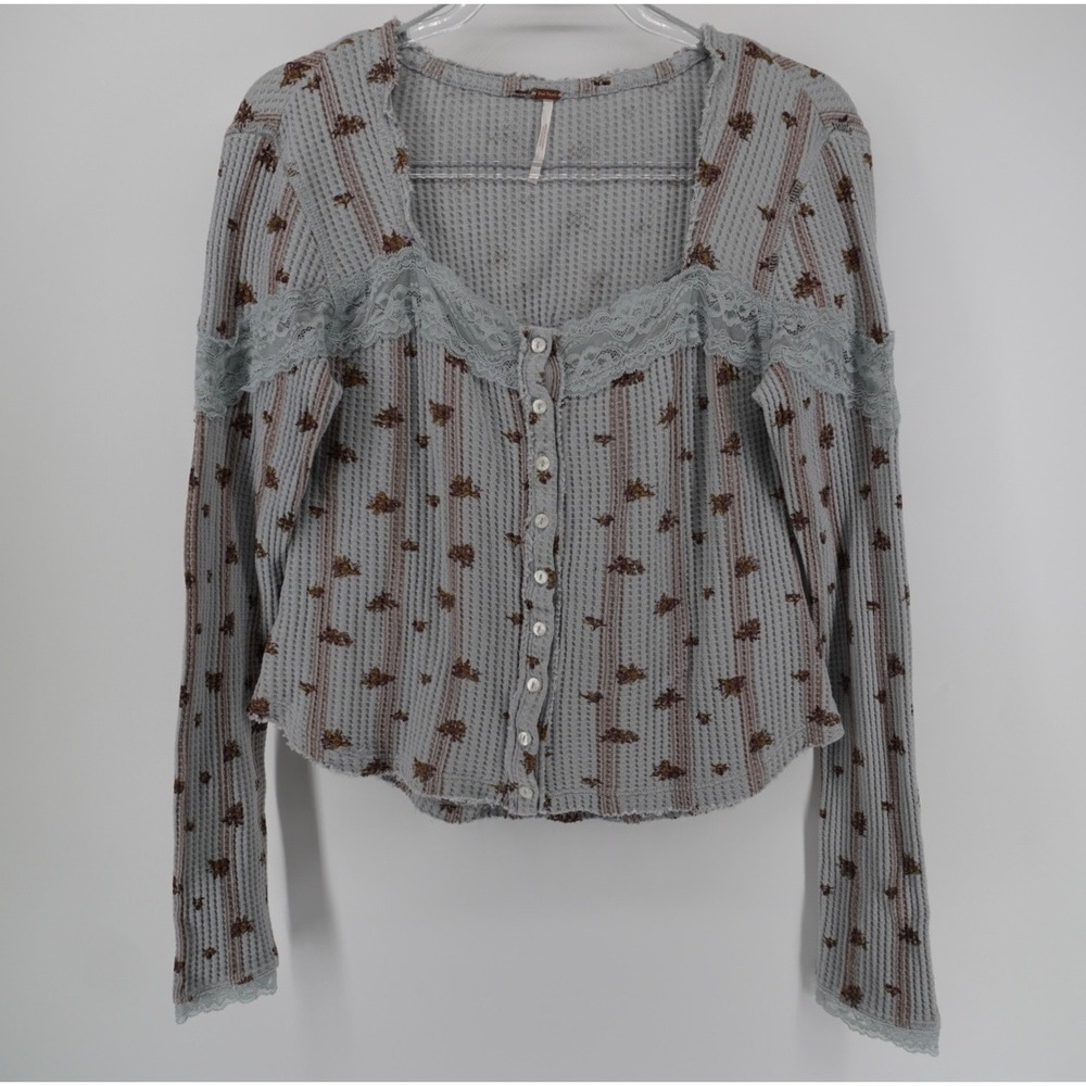 Free Peopple Lets Party Print Cardi Blue Floral Waffle long sleeve Lace Large